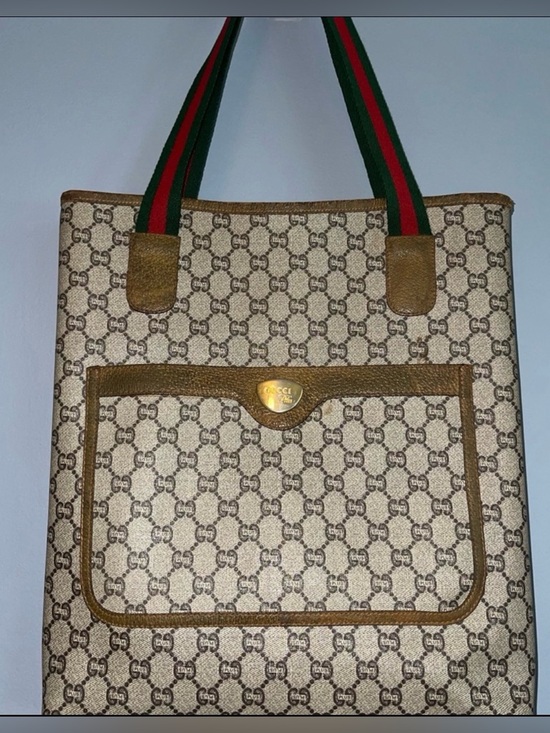 Gucci Handbags - Gucci Beige Brown GG Canvas Tote with Green-Red Straps